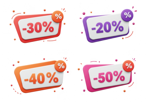 Photo of colorful discount tags showing 30, 20, 40, and 50 percent off isolated on transparent background