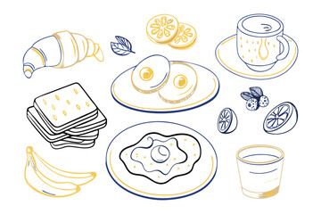 Culinary Delight Illustration: A delightful illustration showcases an assortment of breakfast elements with precise linework, presenting the viewer with a visual feast for the senses.