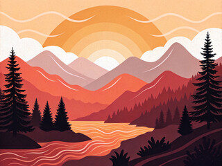 Emotional Abstract Sunset Landscape with Melting Hills - Warm Color Wall Art AI-Generated