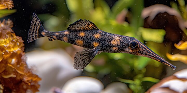 Alligator pipefish, speckled with orange dots, swims amongst aquatic plants
