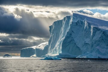 Icebergs Glimmer Under Dramatic Skies in the Arctic Waters at Sunset