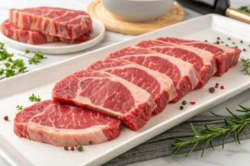 Fototapeta premium Freshly Cut Beef Steaks Arranged on a Platter Ready for Grilling