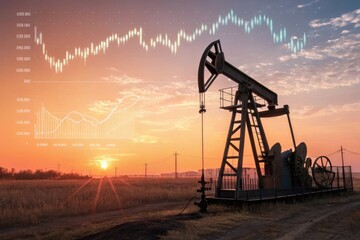 Oil Pump Jack Operates at Sunset With Financial Data Overlay in the Background