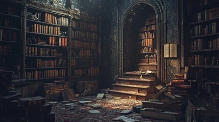 Hidden secret room in a university, filled with ancient books and artifacts. Dark Academia concept of lost knowledge.