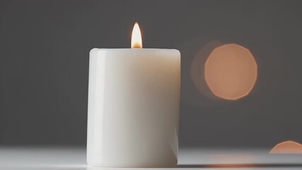 A serene vertical 4K video single white candle burning gently blurred bokeh background creating relaxing atmosphere ideal spa wellness meditation - Powered by Adobe