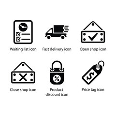 Waiting list, Fast delivery, Open shop, Close shop, Product discount, Price tag, icon