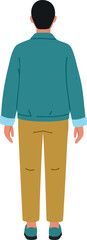 Man standing back view wearing teal jacket and mustard pants casual outfit design vector illustration