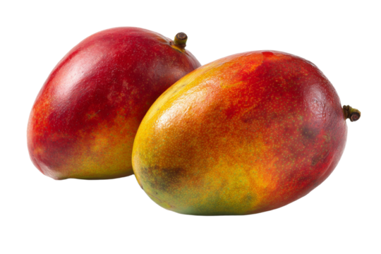 Two ripe mangoes are displayed on a white background