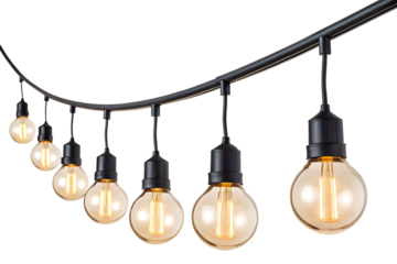 A string of illuminated vintage amber light bulbs hangs gracefully on a curved black wire. This isolated transparent PNG offers warm decorative lighting.