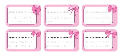 Notebook labels with pink bows icons, colorful design, template for school book labels. Set bright name stickers for notebook. Back to school labels. Name and Class