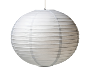 A bright white spherical paper lantern hangs, isolated on a transparent background, ready for use as a high quality clean PNG.
