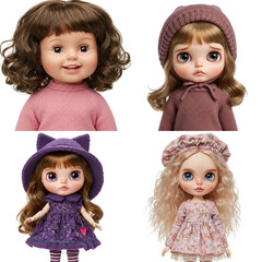  Doll with emotion. Four diverse dolls wearing colorful outfits and styled hair. Set isolated on transparent background