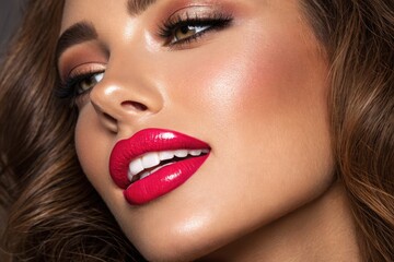 Woman With Red Lipstick Showing White Teeth and Light Brown Hair
