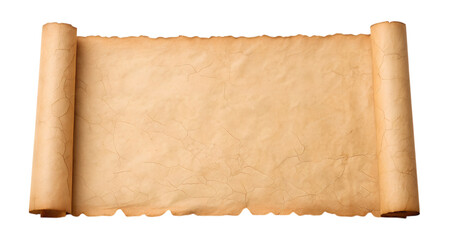 An old brown paper scroll is unrolled, displaying its aged textured surface. This horizontal ancient parchment is an isolated transparent PNG image.