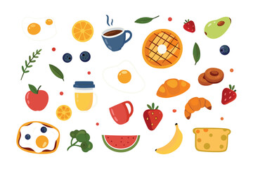 Breakfast Delights: A delightful illustration features an array of breakfast staples including fruits, pastries, and coffee, creating a mouthwatering visual experience.