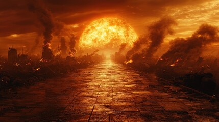 Burning city, apocalyptic landscape, pathway with destruction, fiery sun above