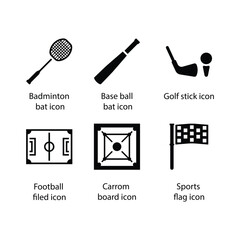 Badminton bat, Baseball bat, Golf stick, Football filed, Carrom board, Sports flag, icon