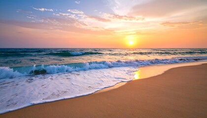 Obraz premium Stunning Sunset Beach Scene: Vibrant Waves & Golden Sands