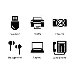 Pen drive, Printer, Camera, Headphone, Laptop, Land phone, icon