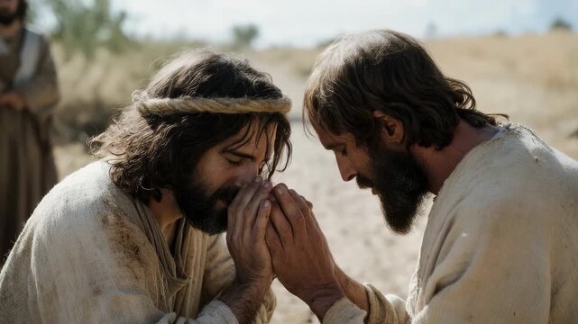 Healing touch wonder: Christ miracle, blind man faith, divine love, sacred hand, restored vision, spiritual awakening, profound belief, Savior presence, life change, merciful blessing