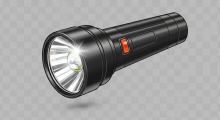 A black flashlight with a red button emitting a bright light on a transparent background design style vreated with genrated ai