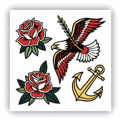 The image you’ve uploaded is a vibrant collection of vintage tattoo flash designs, featuring traditional American tattoo motifs such as roses, hearts, daggers, wings, keys, and banners with words like