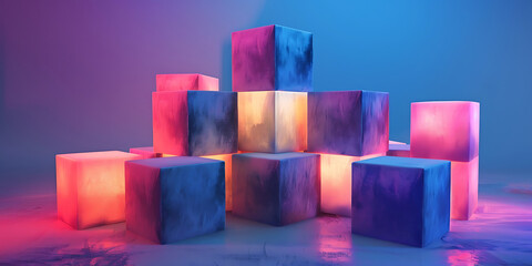 Colorful cubes arranged in a pyramid structure with shades of blue pink and orange
