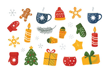 Festive cheer: A collection of whimsical illustrations brimming with the spirit of the season, including cheerful decorations, gingerbread man, snow and gift. capturing the pure joy and triumph.