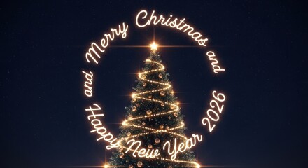 Obraz premium Christmas tree glowing with 'Merry Christmas' text around it against starry sky