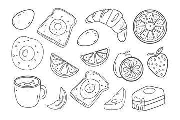 Breakfast Delight: An artistic line drawing showcasing a mouthwatering array of breakfast essentials, from fluffy croissants to juicy orange slices. A true feast for the eyes.