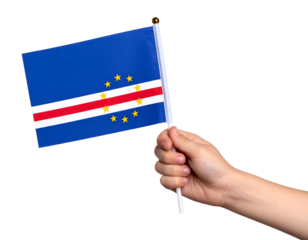A hand holding a waving flag of Cape Verde, representing national identity and unity.