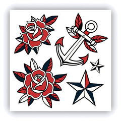 The image you’ve uploaded is a vibrant collection of vintage tattoo flash designs, featuring traditional American tattoo motifs such as roses, hearts, daggers, wings, keys, and banners with words like