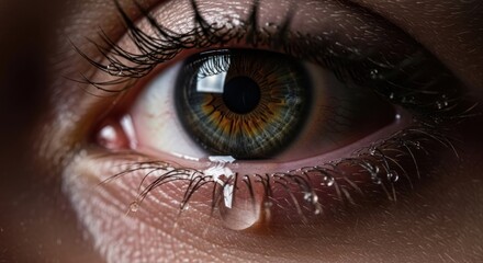 Naklejka premium Close-up of a striking eye with a teardrop and detailed eyelashes