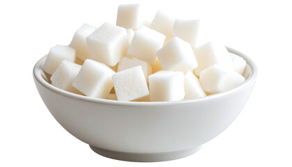 A white bowl overflowing with white sugar cubes, symbolizing sweetness and indulgence.