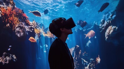 Person experiencing virtual reality underwater scene.