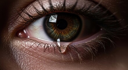 Naklejka premium Close-up of a watery eye with a tear, long lashes, & visible skin texture