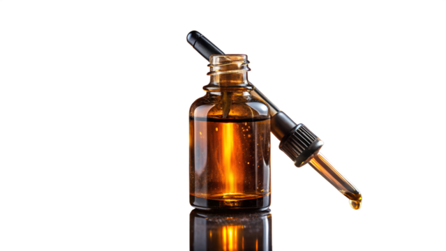 Photo of amber glass dropper bottle with essential oil, isolated on transparent background