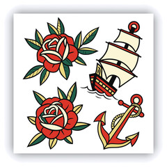 The image you’ve uploaded is a vibrant collection of vintage tattoo flash designs, featuring traditional American tattoo motifs such as roses, hearts, daggers, wings, keys, and banners with words like