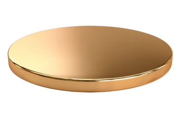 A gold colored coin sits on a white background