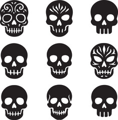 Nine black sugar skull icons with decorative elements and simple designs day of the dead dia de los muertos