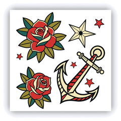 The image you’ve uploaded is a vibrant collection of vintage tattoo flash designs, featuring traditional American tattoo motifs such as roses, hearts, daggers, wings, keys, and banners with words like