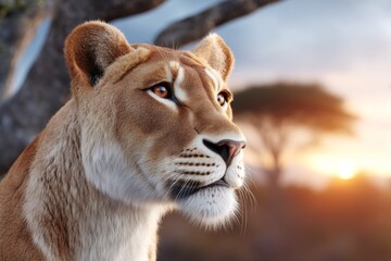 Obraz premium Majestic lioness at sunset in african savannah