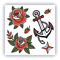 The image you’ve uploaded is a vibrant collection of vintage tattoo flash designs, featuring traditional American tattoo motifs such as roses, hearts, daggers, wings, keys, and banners with words like