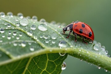 Ladybug Walking on Wet Leaf in Natural Outdoor Setting