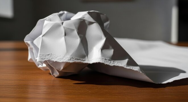 Crumpled white paper lies on a wooden surface, sharply lit and textured