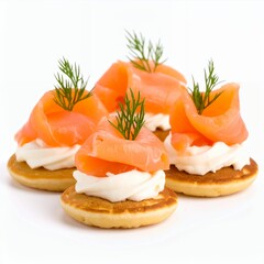 Appetizing salmon blinis adorned with dill sprigs presented in a delightful arrangement on white background