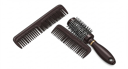 A close up shot of two brown combs and a round brush with a brown handle on a white background vreated with genrated ai
