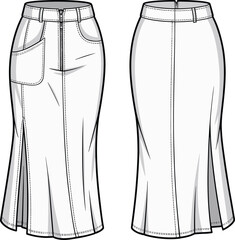 Skirt fashion illustration, front and back view, fitted waist, belt loops, zipper closure, pocket detail, center slit, garment sketch © Halal Artist
