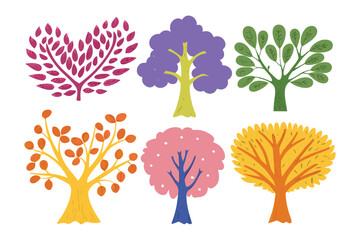 Diverse Stylized Tree Collection: A set of six uniquely designed trees in a vibrant palette of colors, offering a playful and artistic interpretation of nature's beauty.
