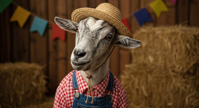 Funny goat farmer portrait wearing hat and overalls in barnyard farm animal photography image stock photo